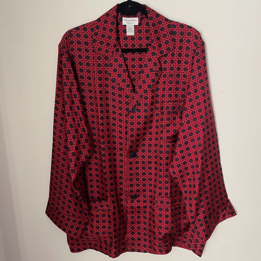 Christian Dior Cannage 100% Silk Red Navy Silk Button Down Pajama Shirt Top L XL